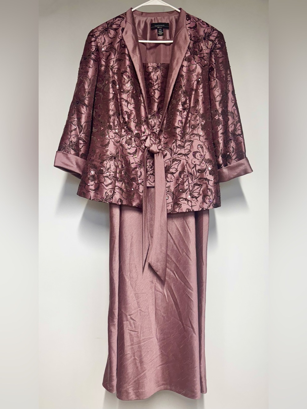 R&M Richards Mauve Satin Evening Gown Dress Jacket Matching Set Long Skirt Pink